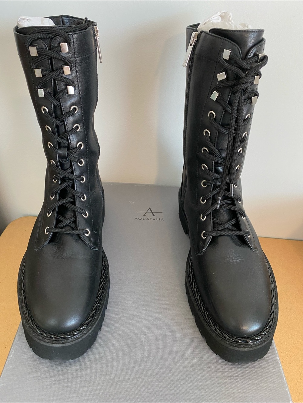 Aquatalia Silvana Smooth Calf Black Leather Boots US 10 M NWT